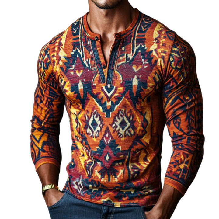 Men's Retro Casual Ethnic Style Geometric Print Henley Collar Long Sleeve T-Shirt 18865901TO