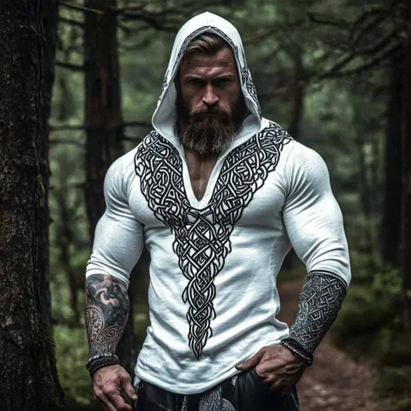 Men's Retro Casual Viking Totem Print Hooded Long Sleeve T-shirt 16186529TO