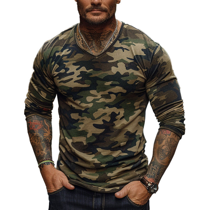 Men's Outdoor Camouflage Print V-neck Long-sleeved T-shirt 09312691X