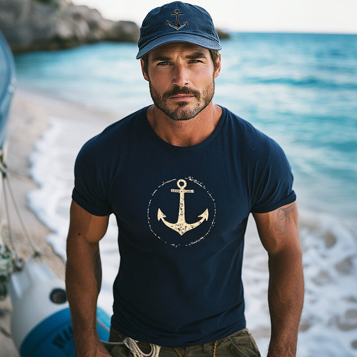 Men's Retro Casual Sailing Anchor Round Neck Short Sleeve T-Shirt 96980408TO