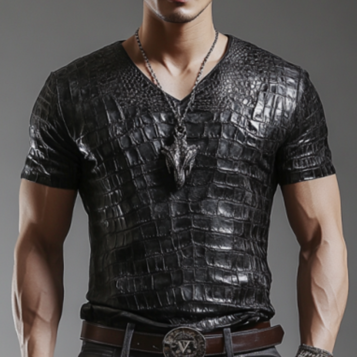 Men's Retro Fashion Slim Fit V-Neck Textured Leather Short Sleeve T-Shirt 63522435K