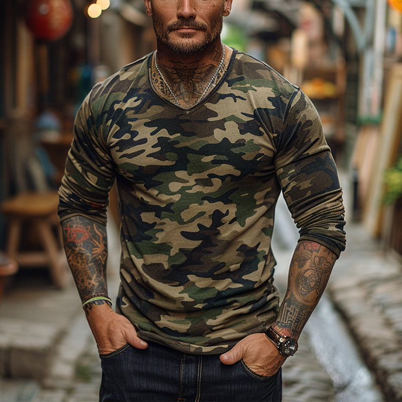 Men's Outdoor Camouflage Print V-neck Long-sleeved T-shirt 09312691X