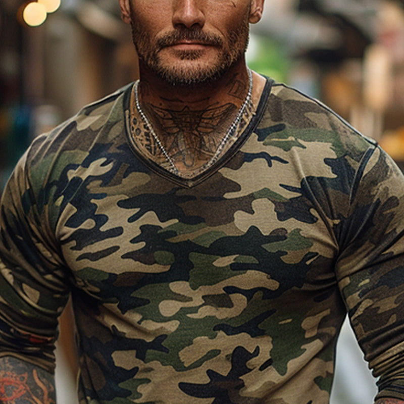 Men's Outdoor Camouflage Print V-neck Long-sleeved T-shirt 09312691X