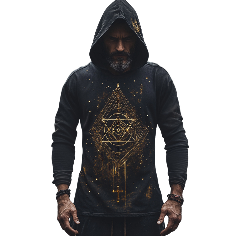 Men's Retro Casual Ethnic Style Geometric Printed Hooded Long Sleeve T-Shirt 75428144TO