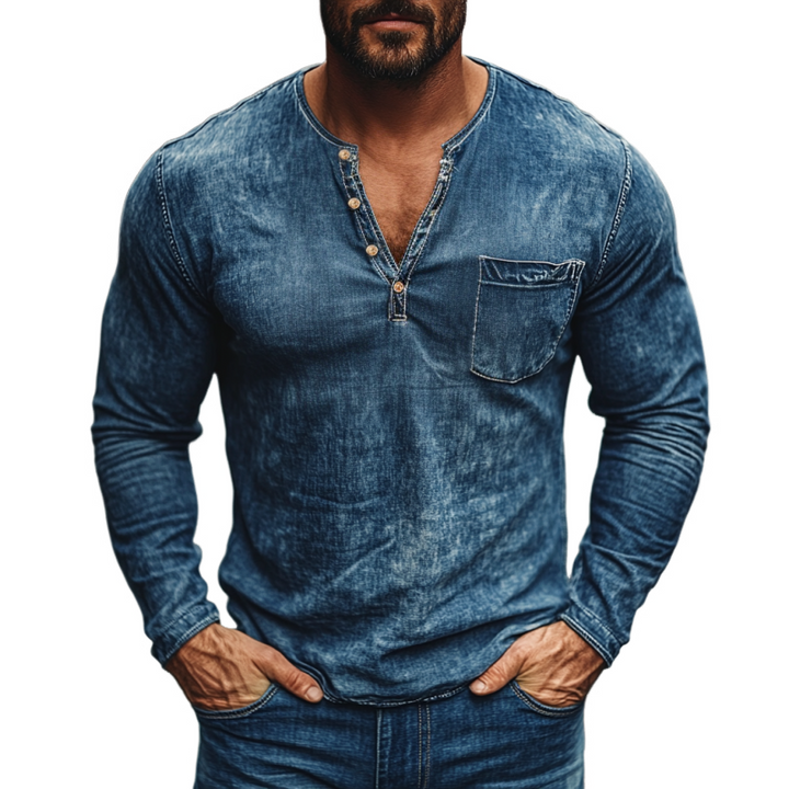 Men's Fashion Washed Button V-neck Denim Long Sleeve T-Shirt 86307388Y