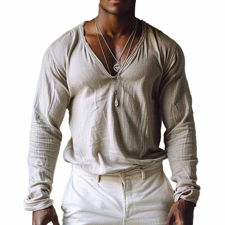 Men's Casual Cotton V-neck Long Sleeve T-shirt 23138024X