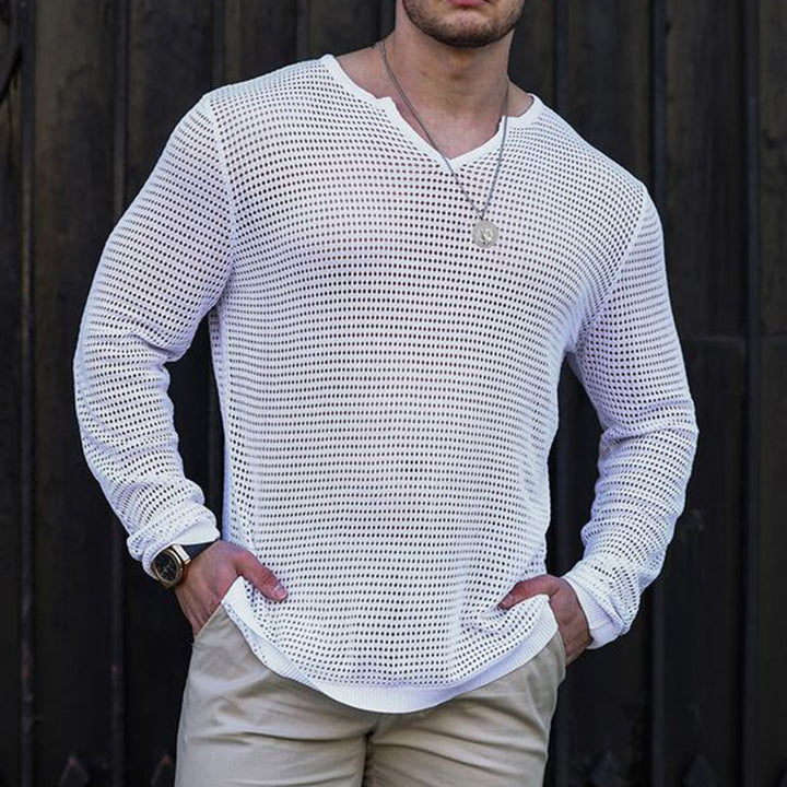 Men's Skin-friendly Mesh V-neck Knitted Long Sleeve T-shirt 91063740U