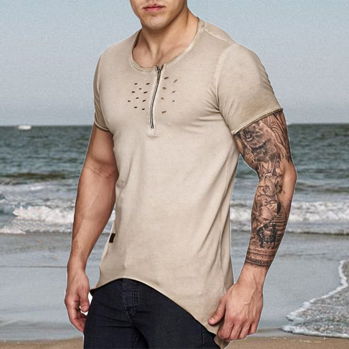 Men's Casual Round Neck Zipper Cotton Slim Short Sleeve T-Shirt 85253281K