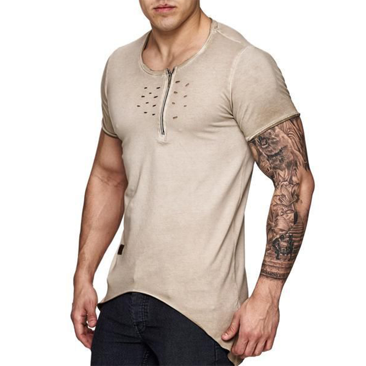 Men's Casual Round Neck Zipper Cotton Slim Short Sleeve T-Shirt 85253281K