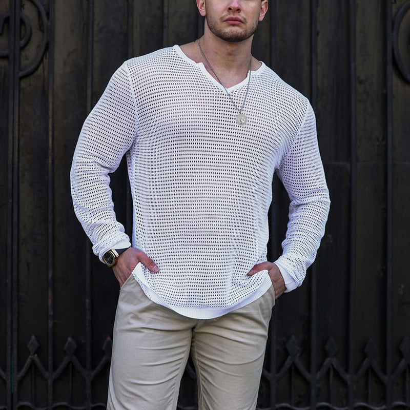 Men's Skin-friendly Mesh V-neck Knitted Long Sleeve T-shirt 91063740U