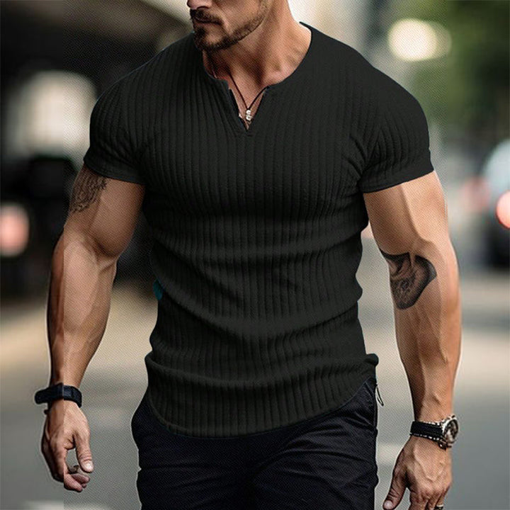 Men's Slim Fit Small V-neck Solid Color Ribbed Short-sleeved T-shirt 77851077U