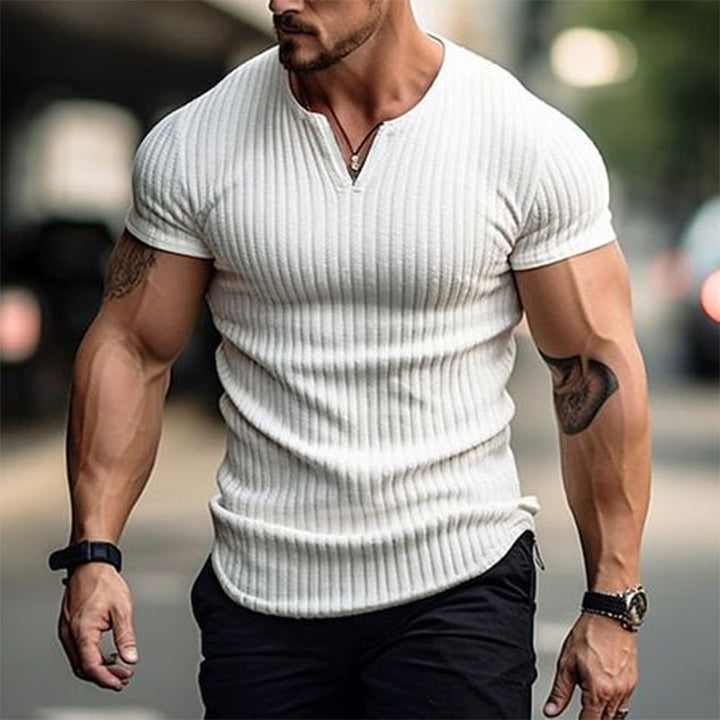 Men's Slim Fit Small V-neck Solid Color Ribbed Short-sleeved T-shirt 77851077U