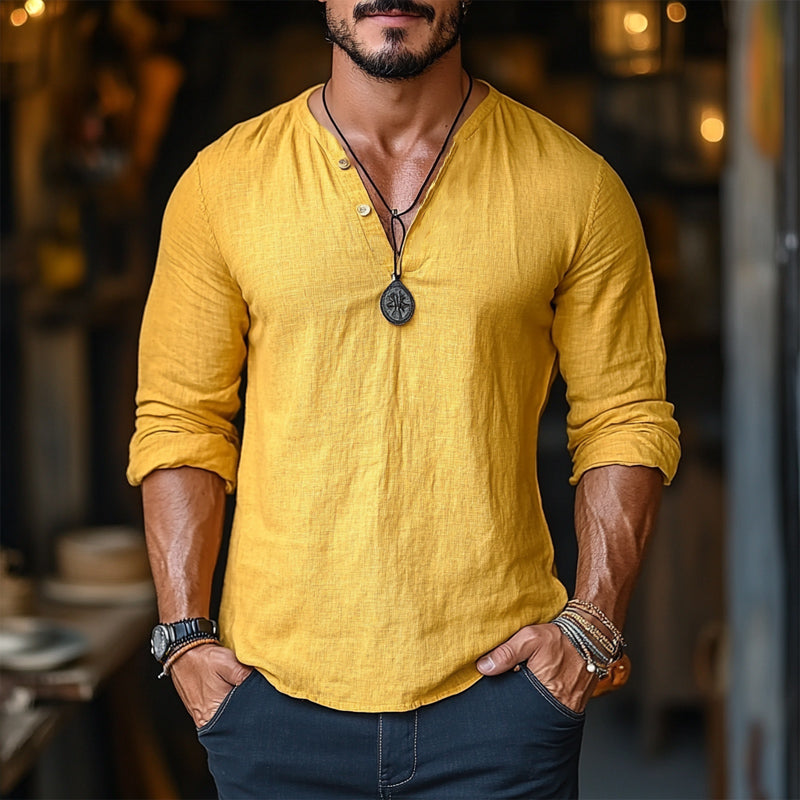 Men's Casual Yellow V-neck Linen Long Sleeve T-Shirt 72054359U