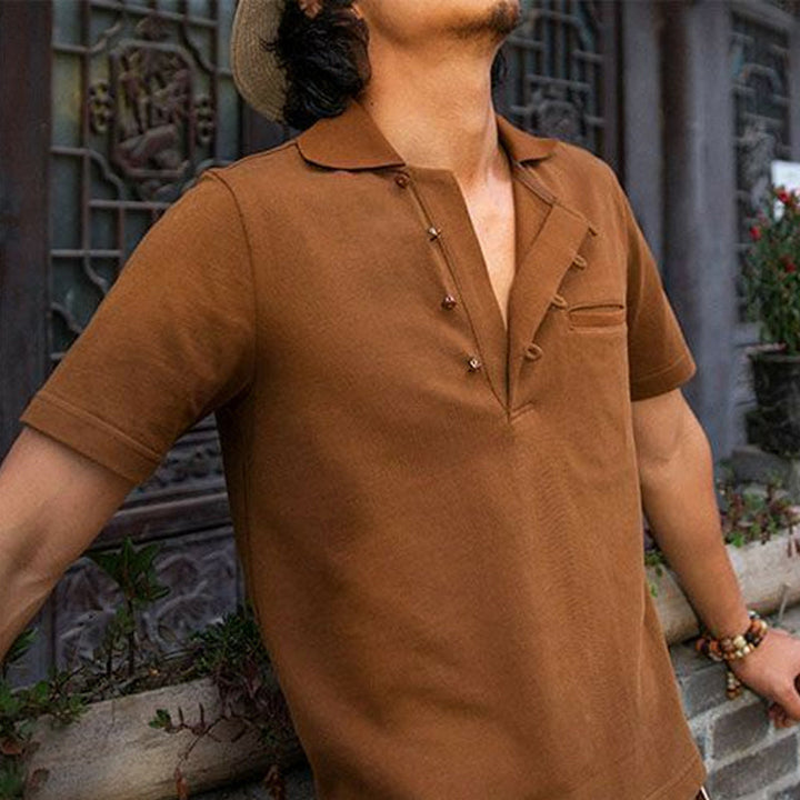 Men's Caramel Button-Down Cotton Short Sleeve T-Shirt 39263198U