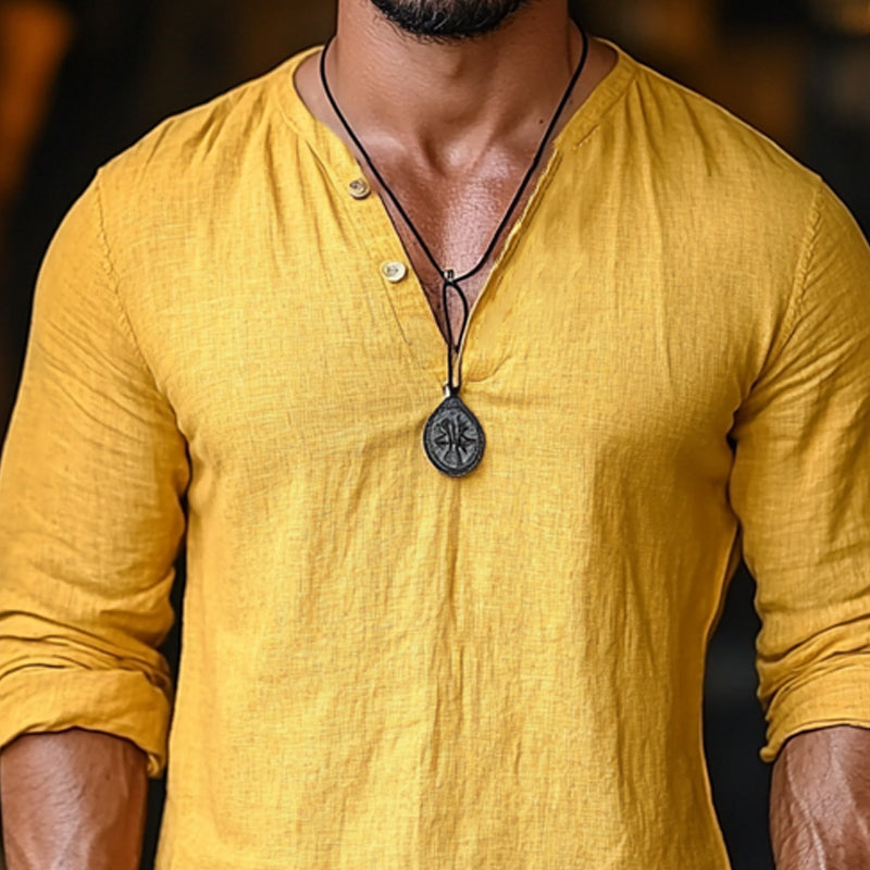 Men's Casual Yellow V-neck Linen Long Sleeve T-Shirt 72054359U