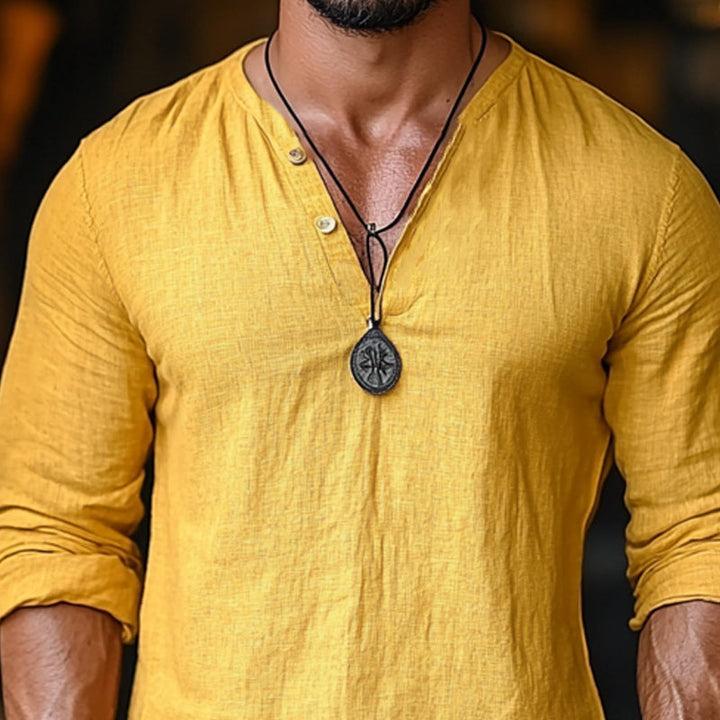 Men's Casual Yellow V-neck Linen Long Sleeve T-Shirt 72054359U