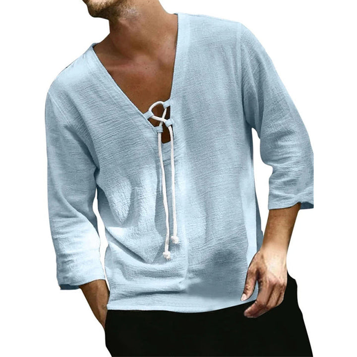 Men's Light Blue Ice Silk Wrinkled V-Neck Long Sleeve T-Shirt 28679955U