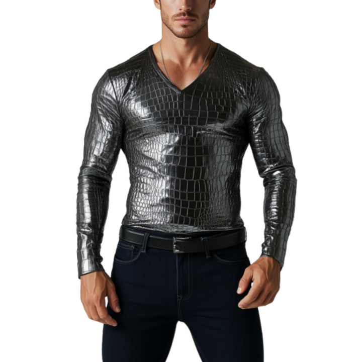 Men's Fashion Slim Fit V-Neck Textured Leather Long Sleeve T-Shirt 90802041K