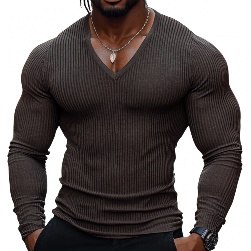 Men's Casual Cotton Blended Stipe V-neck Tight Long-sleeved T-shirt 27709527M