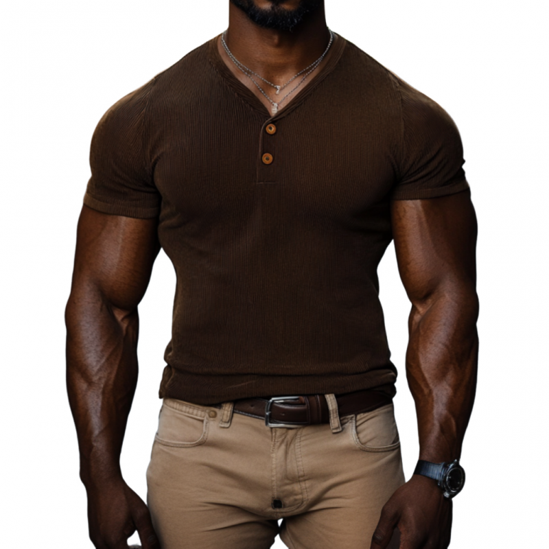 Men's Casual Cotton Blended Ribbed V-neck Slim Short-sleeved T-shirt 80751838M