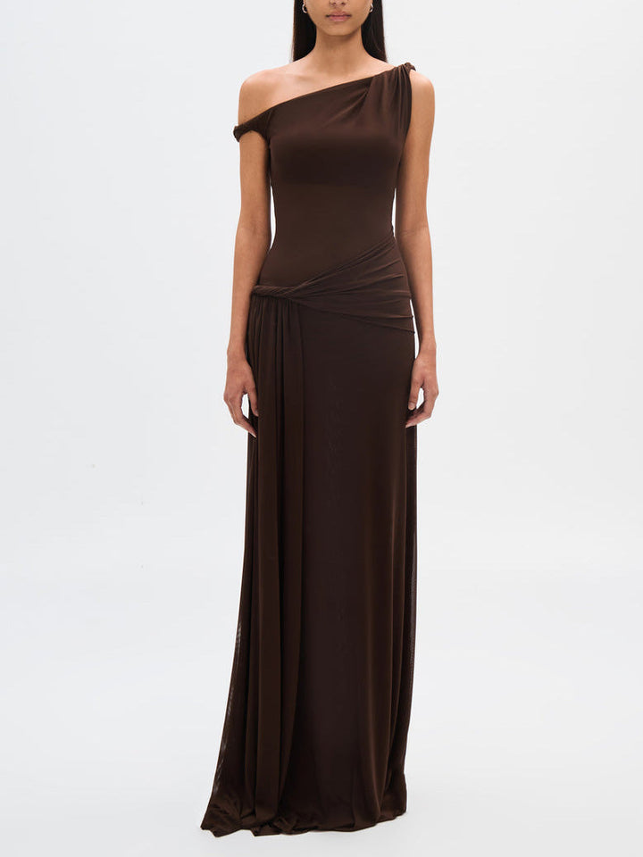 Elena - Espresso Draped Mesh Maxi Dress