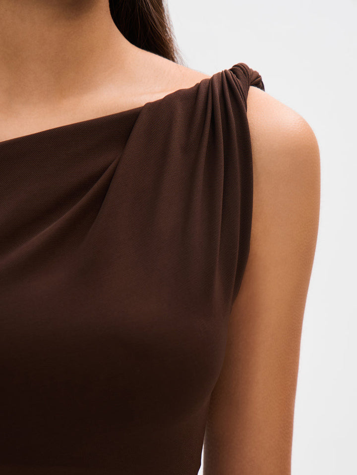 Elena - Espresso Draped Mesh Maxi Dress