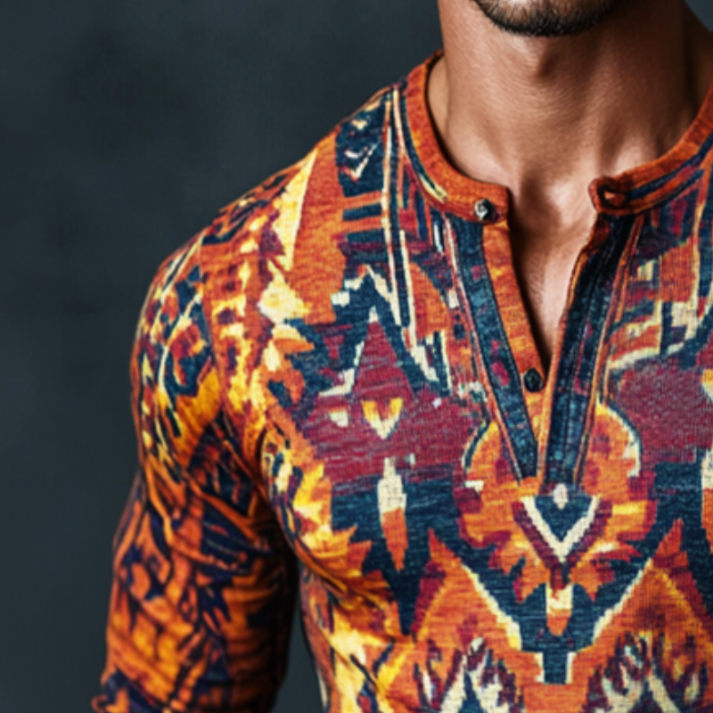 Men's Retro Casual Ethnic Style Geometric Print Henley Collar Long Sleeve T-Shirt 18865901TO