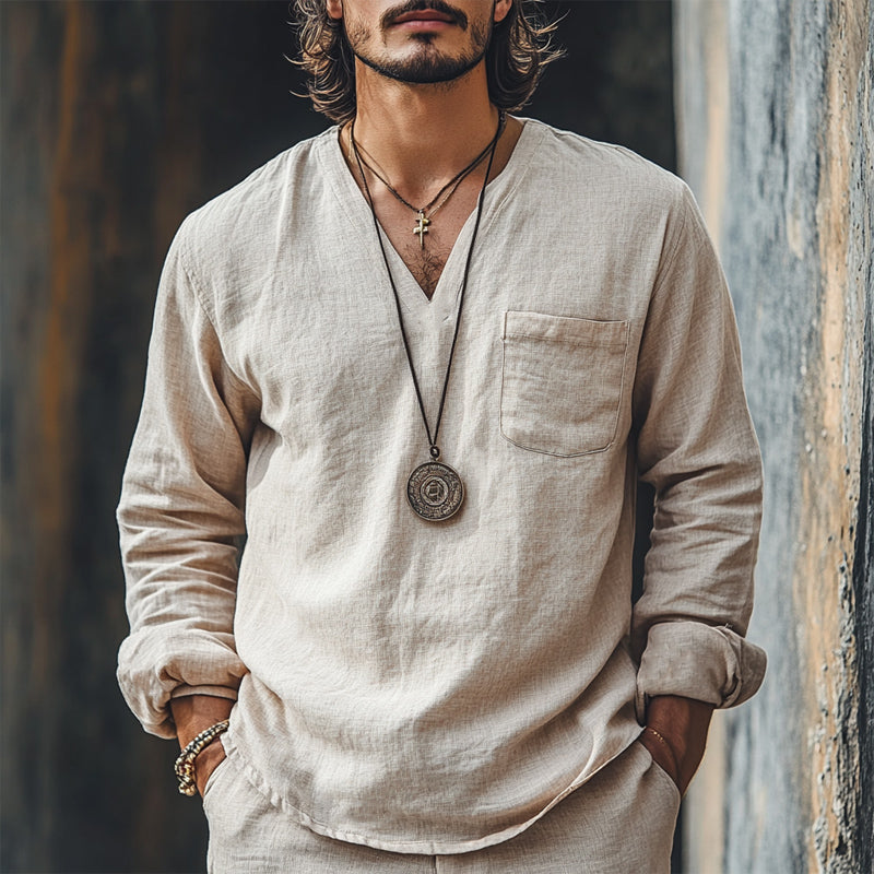 Men's Skin-friendly Casual Cotton and Linen V-neck Long-sleeved T-shirt 02327690U