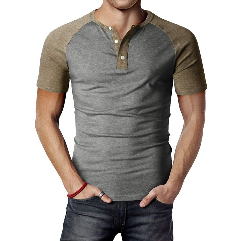 Men's Retro Colorblock Button Round Neck Short Sleeve T-Shirt 02765880U