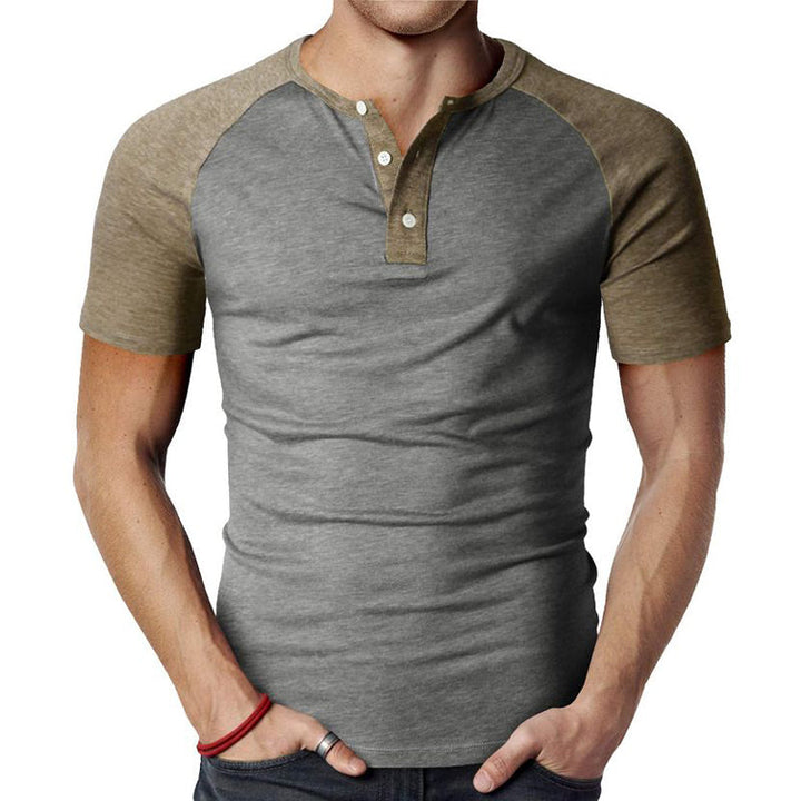 Men's Retro Colorblock Button Round Neck Short Sleeve T-Shirt 02765880U