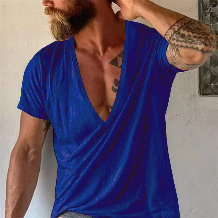 Men's Casual Solid Color V-Neck Short-Sleeved T-Shirt 19594146M