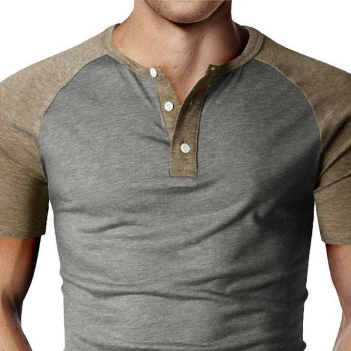 Men's Retro Colorblock Button Round Neck Short Sleeve T-Shirt 02765880U