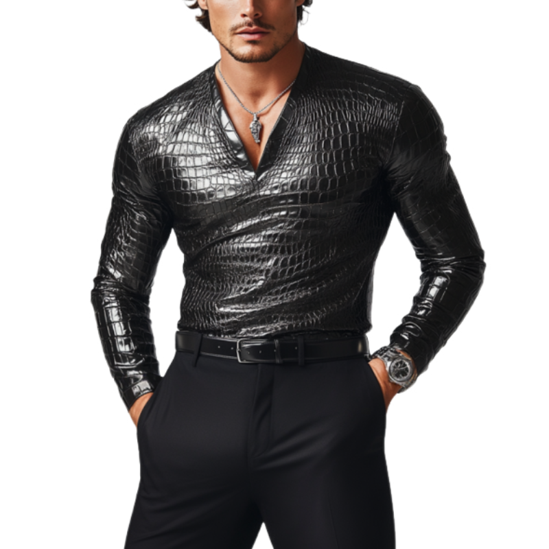 Men's Retro Fashion Slim Fit V-Neck Textured Leather Long Sleeve T-Shirt 35112437K