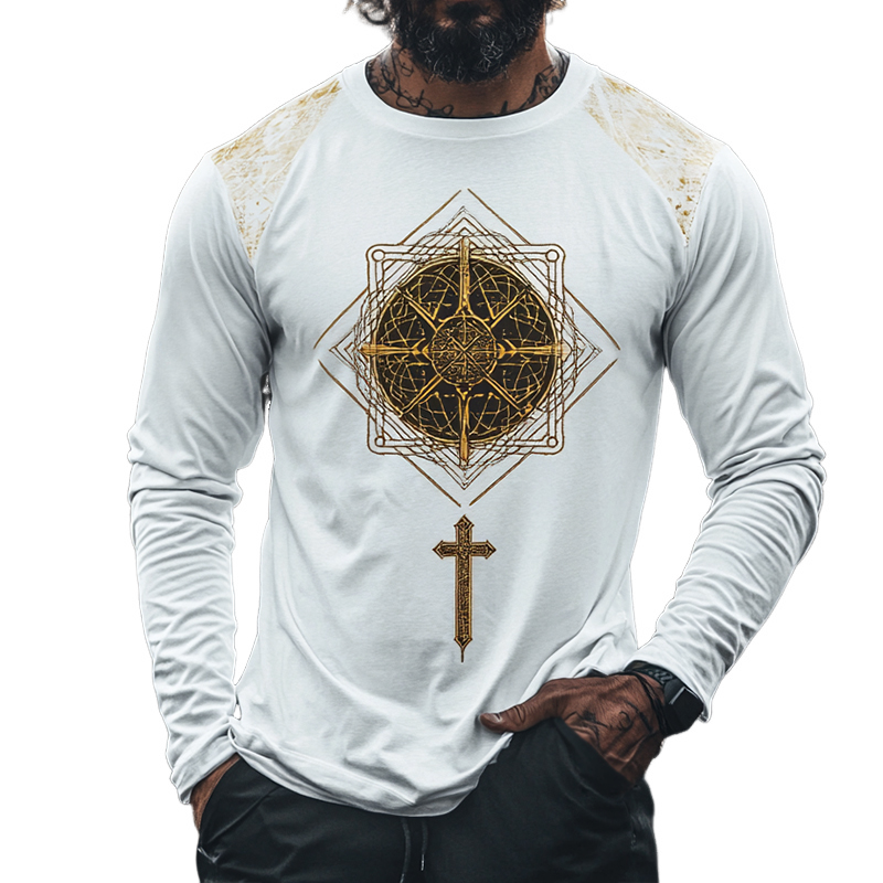 Men's Retro Casual Ethnic Style Geometric Printed Round Neck Long Sleeve T-Shirt 97584797TO