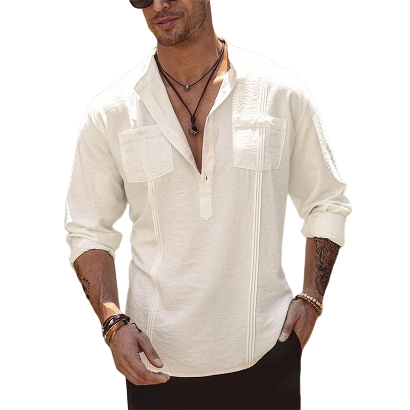 Men's Casual Ice Silk Crinkled Button Collar Long Sleeve T-Shirt 54809987U