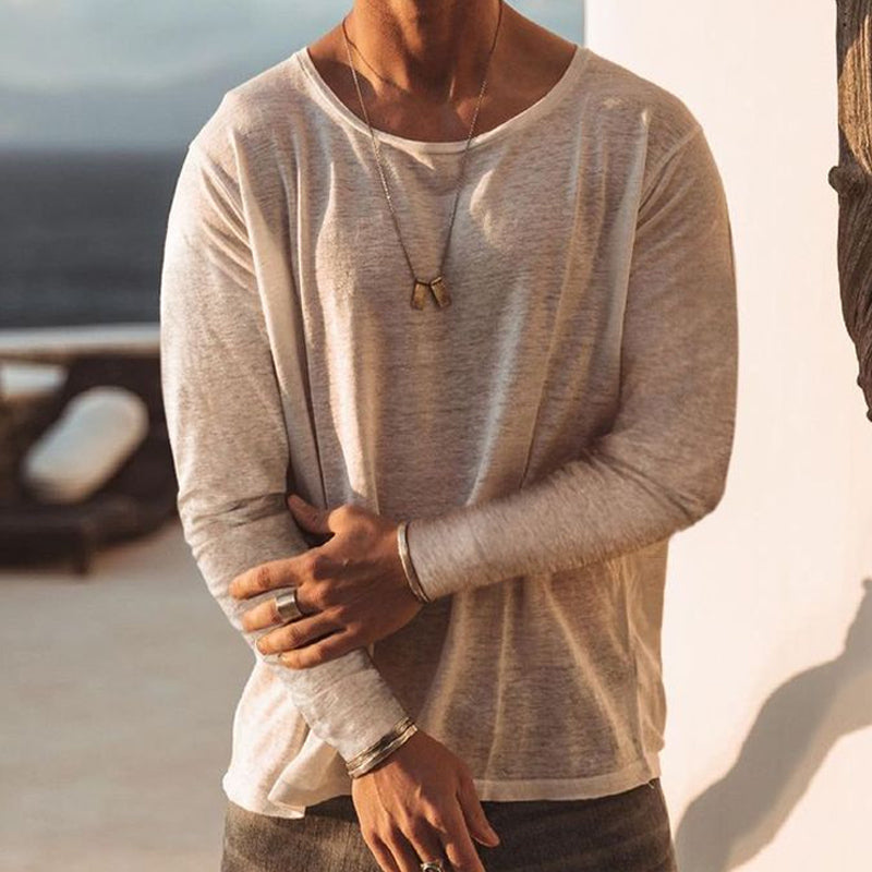 Men's Casual Loose Round Neck Cotton Solid Color Long Sleeve T-shirt 85268356U