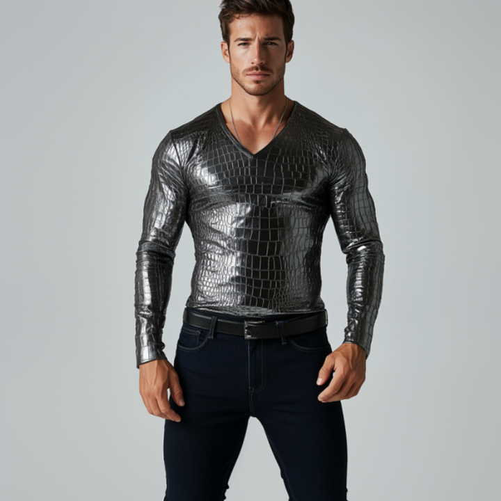 Men's Fashion Slim Fit V-Neck Textured Leather Long Sleeve T-Shirt 90802041K