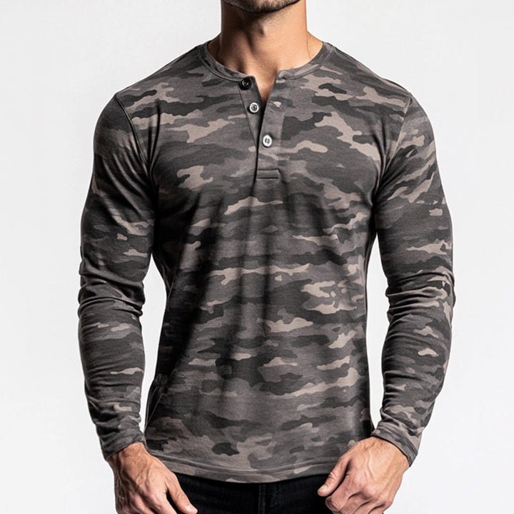 Men's Vintage Casual Camouflage Print Henley Neck Long Sleeve T-Shirt 01597083TO