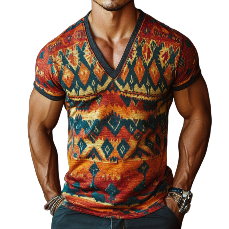 Men's Retro Casual Ethnic Style Geometric Print V-Neck Short Sleeve T-Shirt 79931796TO