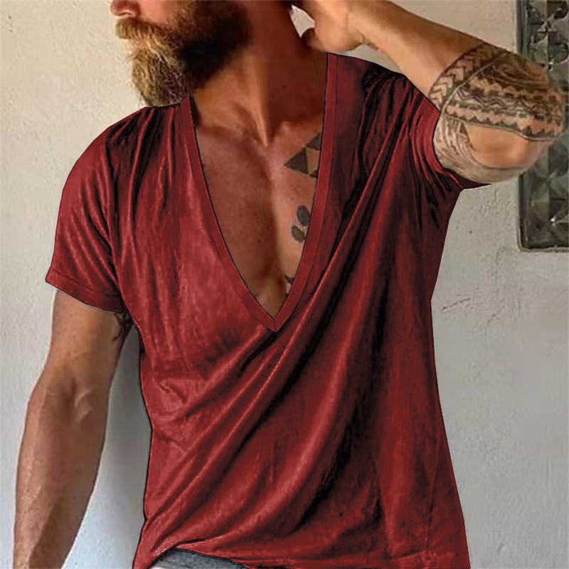 Men's Casual Solid Color V-Neck Short-Sleeved T-Shirt 19594146M