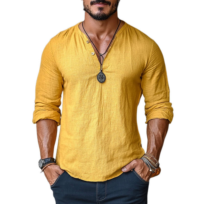 Men's Casual Yellow V-neck Linen Long Sleeve T-Shirt 72054359U