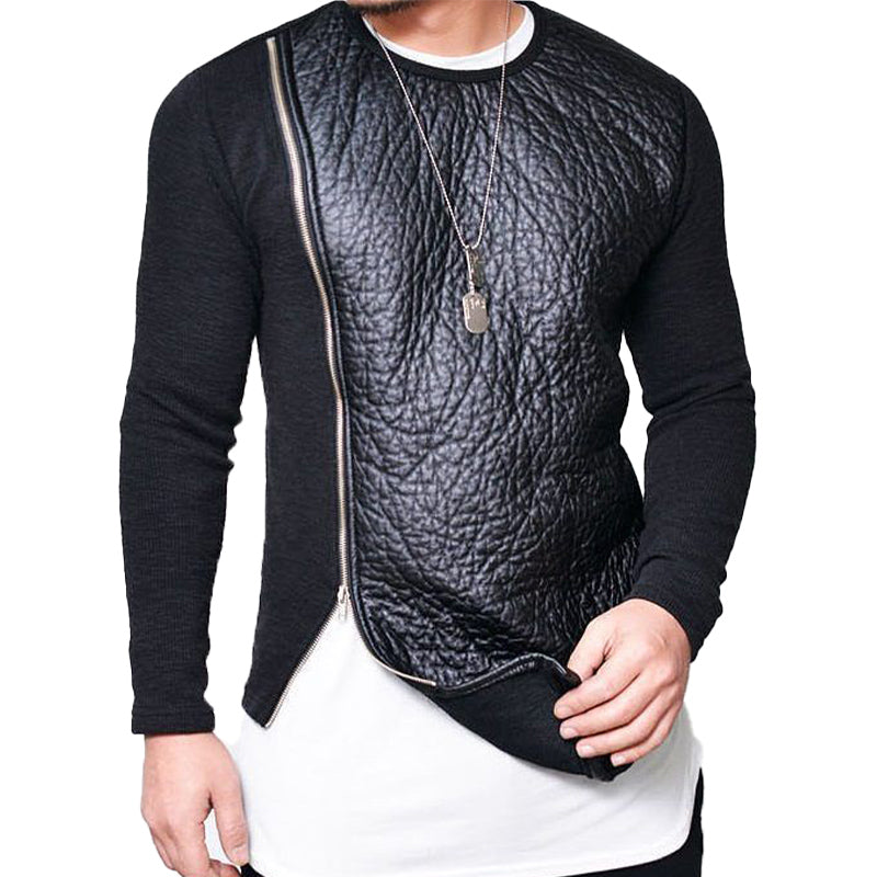 Men's Leather Stitching Zip-up Round Neck Long-sleeved T-shirt（Internal T-shirt not included) 12785925U