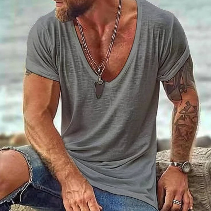 Men's Casual Cotton V Neck Short-Sleeved T-Shirt 00121855M