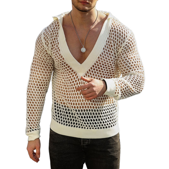 Men's Fashion Knitted Hollow Hooded Deep V Neck Long Sleeve T-Shirt 88412310Y