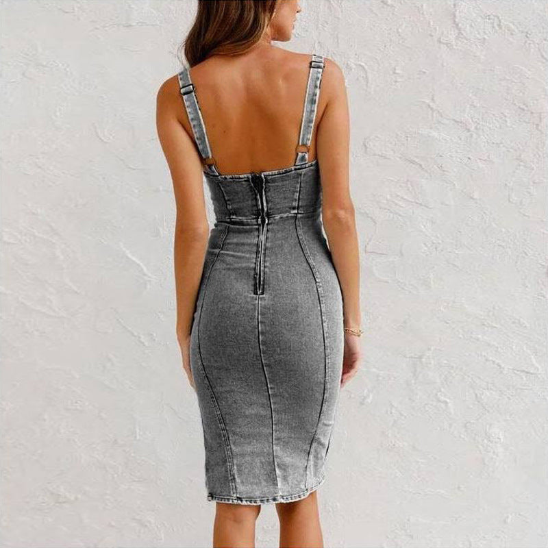 StyleAura™ - Suspender Denim Dress