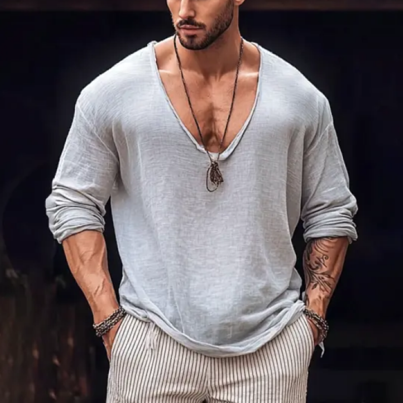 Men's Retro Skin-friendly Cotton and Linen Deep V-neck Long-sleeved T-shirt 18859364Y