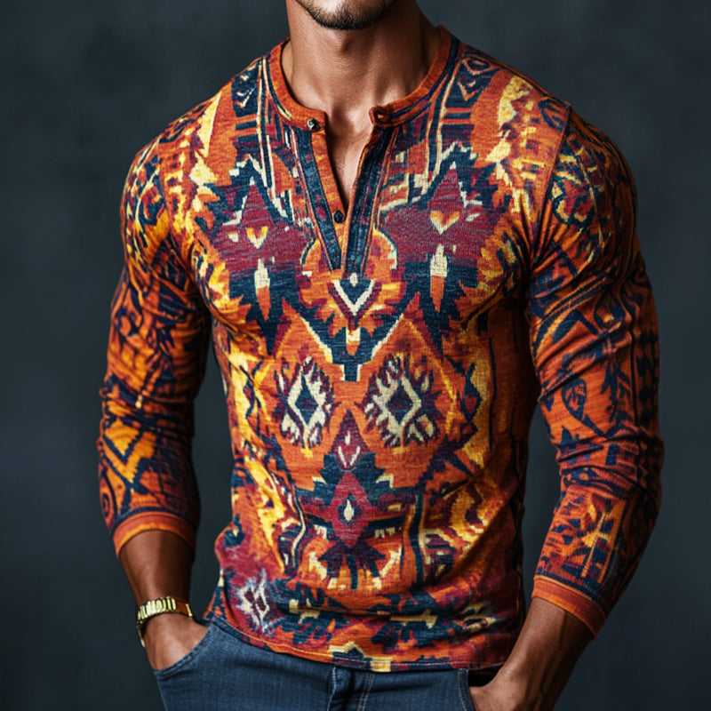 Men's Retro Casual Ethnic Style Geometric Print Henley Collar Long Sleeve T-Shirt 18865901TO