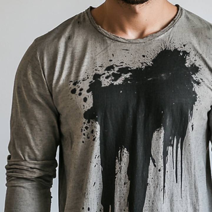 Men's Retro Casual Printed Distressed Round Neck Long Sleeve T-Shirt 79421438TO