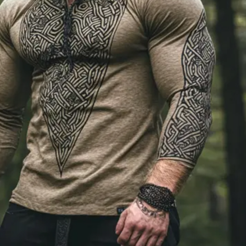 Men's Retro Casual Viking Totem Print Hooded Long Sleeve T-shirt 39204926TO