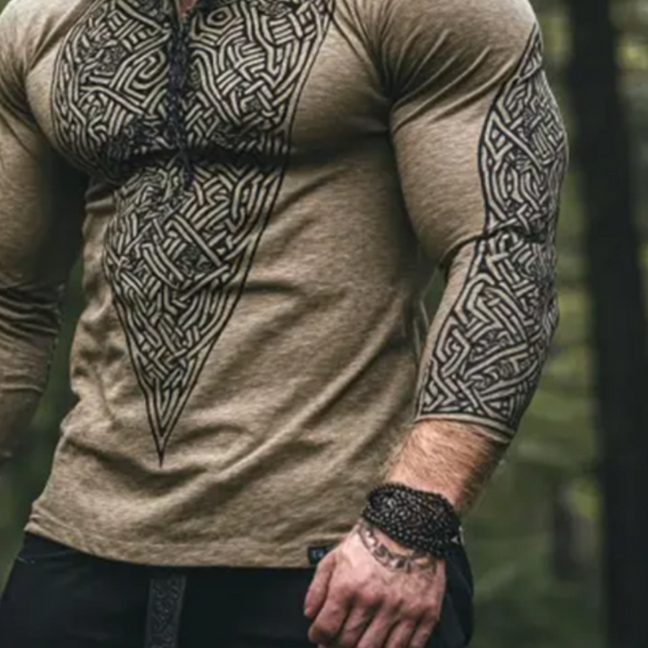 Men's Retro Casual Viking Totem Print Hooded Long Sleeve T-shirt 39204926TO